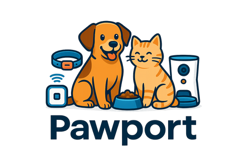 Logo of pawport with a dog and cat illustration on a white background with pet gadget