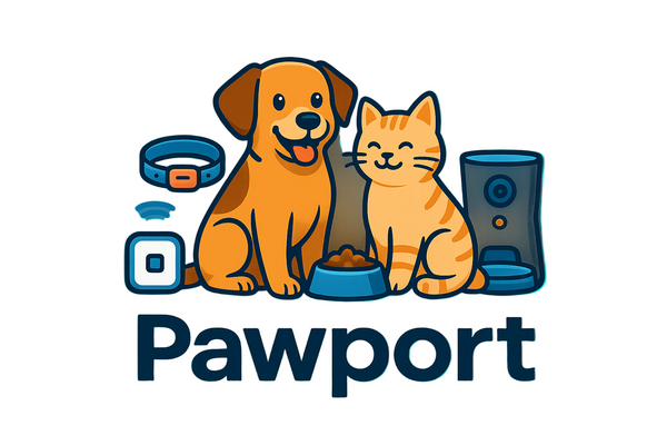 Logo of pawport with a dog and cat illustration on a white background with pet gadget